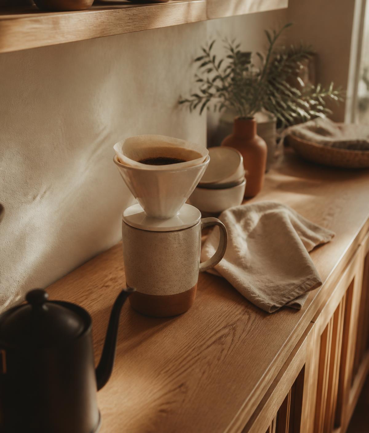 Pour-over coffee set on a warm wooden counter