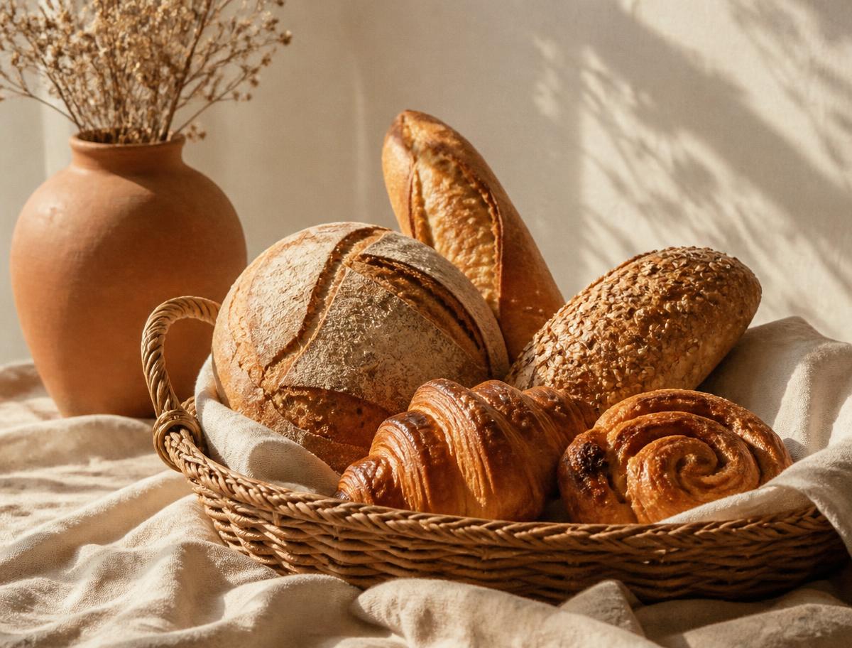 Basket of freshly baked breads and pastries